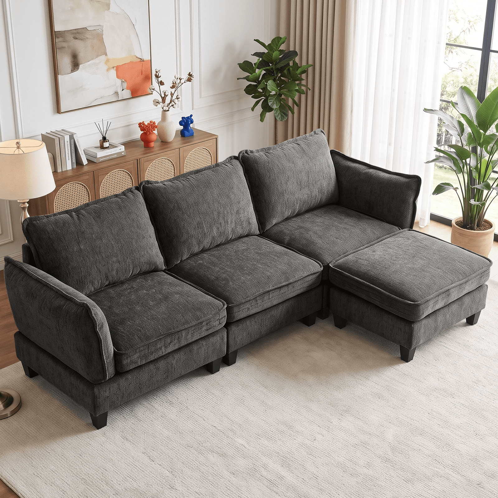 Dark gray Domading sectional couch with a chaise in a living room