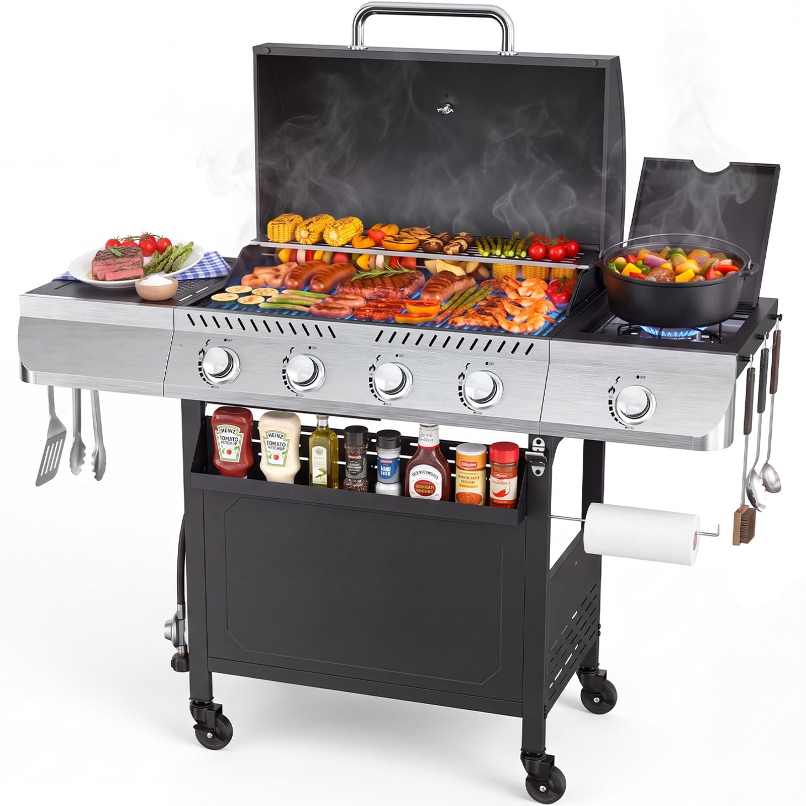 Stainless steel HOMRELEXA four-burner grill with its lid open and a side burner