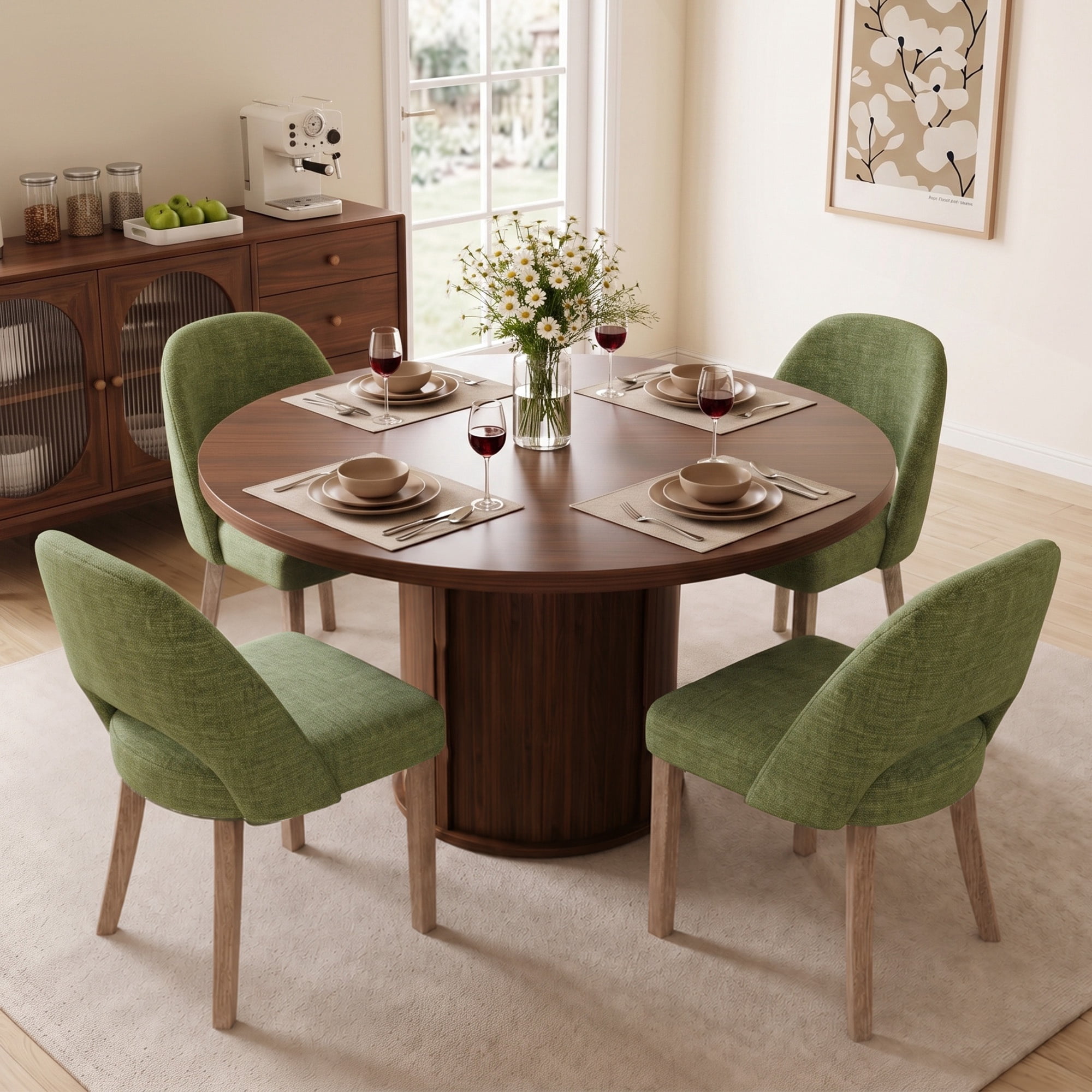 Round walnut dining table surrounded by four green upholstered chairs